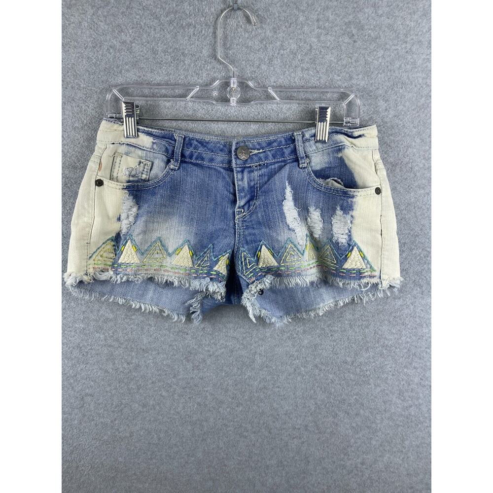 Vanilla Star Acid Wash Boho‎ Tribal Embroidered Jean Shorts Size 5 Fringe Hem